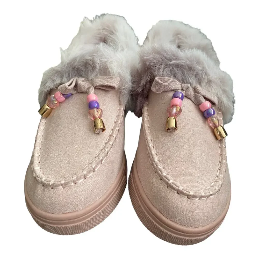 Steve Madden Jhugz Faux Fur Trim Slip-On Slippers Girl's Size 2 Pink Blush Shoes
